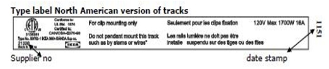 Picture of recalled track system label showing location of supplier number and date stamp